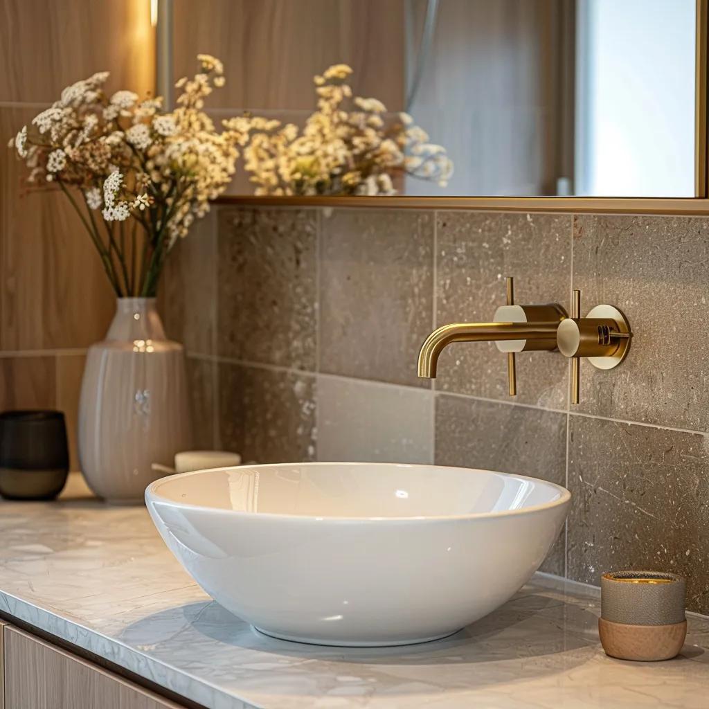 Elegant bathroom with brushed brass tapware, highlighting modern design and warm tones