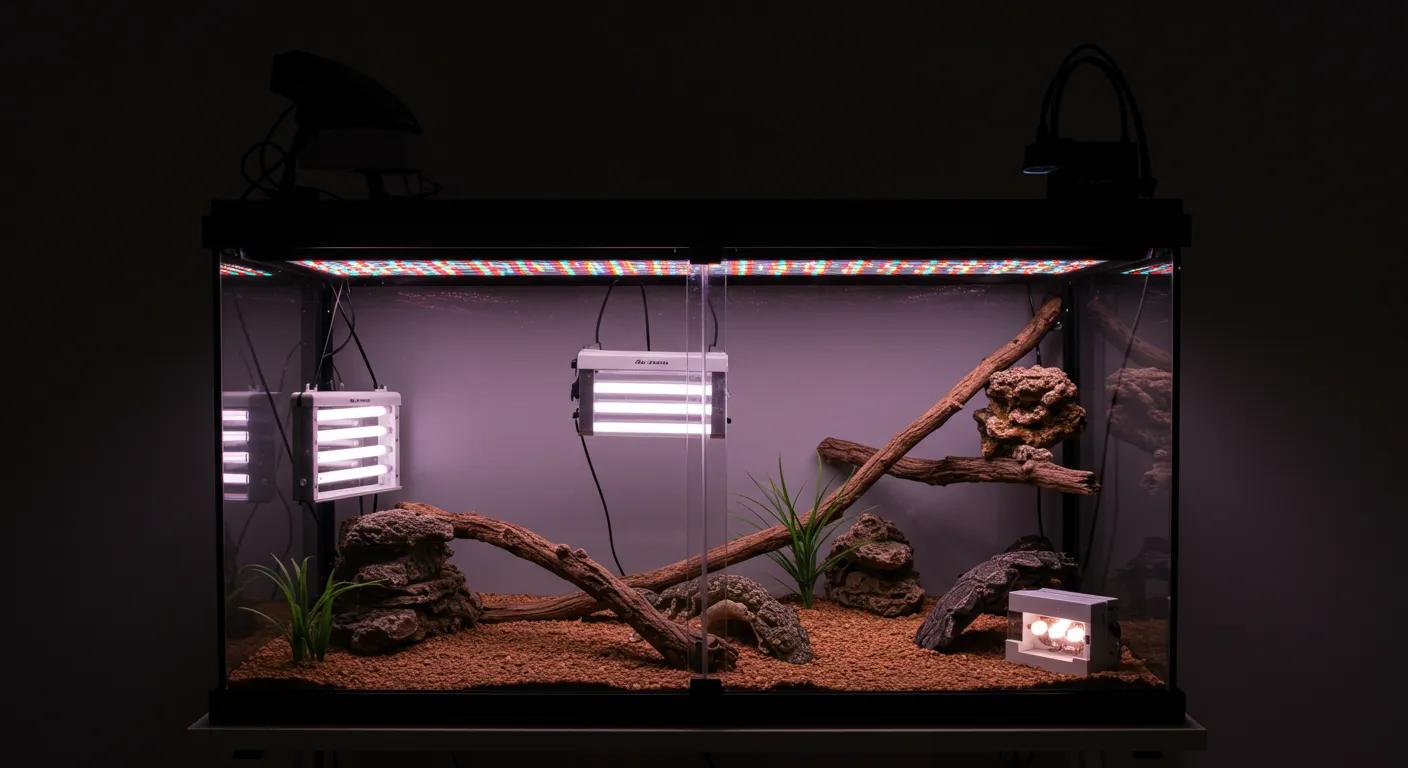 an illuminated reptile enclosure featuring a diverse array of uvb lamps, including t5 fluorescent and mercury vapor, strategically positioned to showcase their unique designs and optimal light output, set against a sleek, modern office backdrop for a technical discussion on reptile care. an illuminated reptile enclosure featuring a diverse array of uvb lamps, including t5 fluorescent and mercury vapor, strategically positioned to showcase their unique designs and optimal light output, set against a sleek, modern office backdrop for a technical discussion on reptile care.