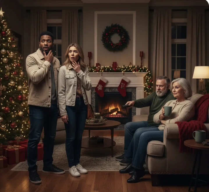 a man and woman in a holiday decorated living room stunned that the another man and woman refuse to  leave while they tour the property.
