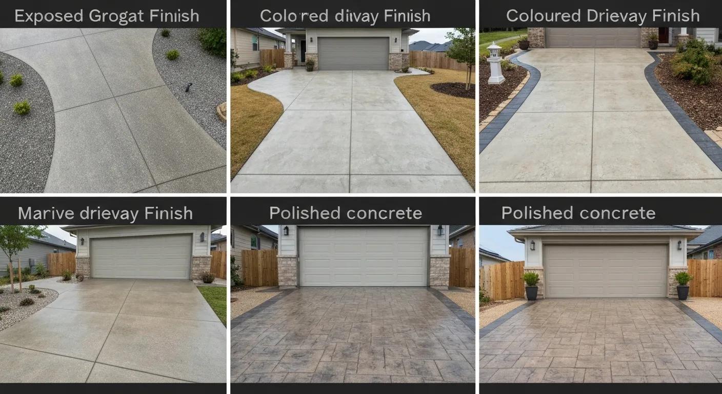 A diverse selection of concrete driveway finishes, including exposed aggregate, coloured, stamped, and polished concrete