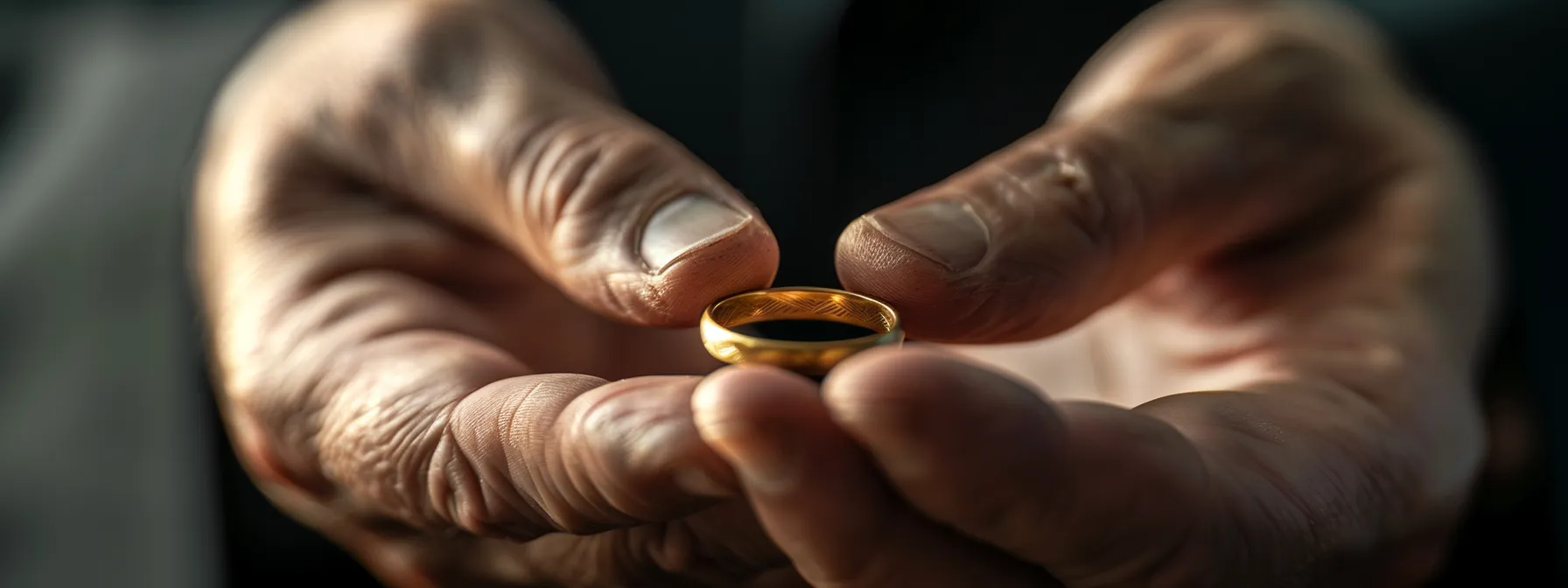 a man holding a gold wedding band, carefully considering the size and fit against his finger.