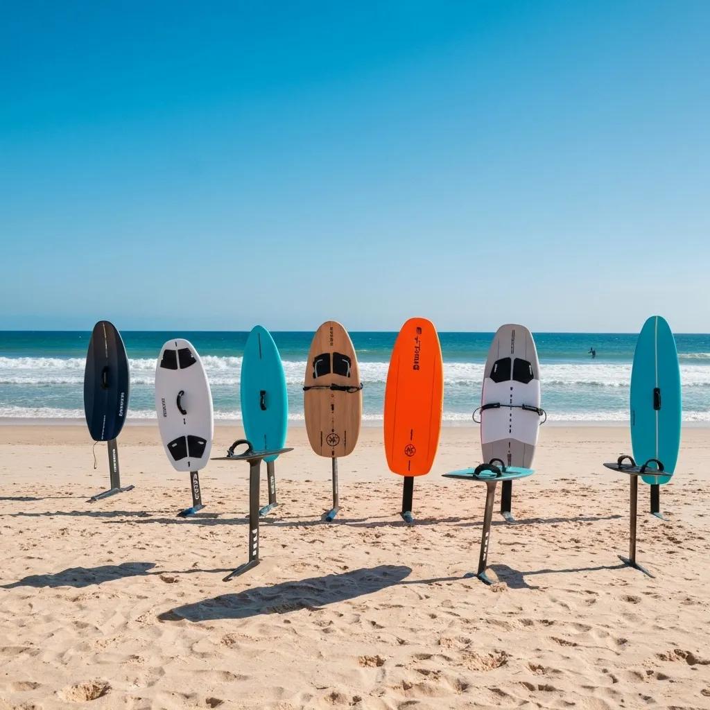 Variety of foil boards on a beach in Perth, showcasing essential gear for hydrofoil water sports