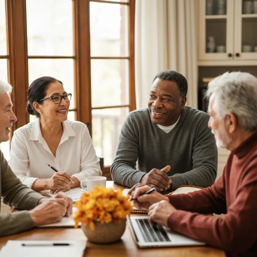 Seniors discussing Medicare options at a kitchen table, emphasizing community and support
