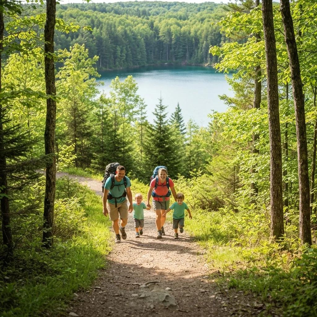 Family hiking on a scenic trail near Lake Blue Ridge, showcasing kid-friendly outdoor adventure Family hiking on a scenic trail near Lake Blue Ridge, showcasing kid-friendly outdoor adventure