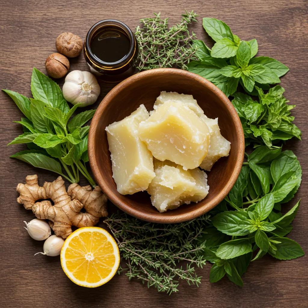 Bowl of tallow surrounded by fresh herbs, representing nutrients for hair health