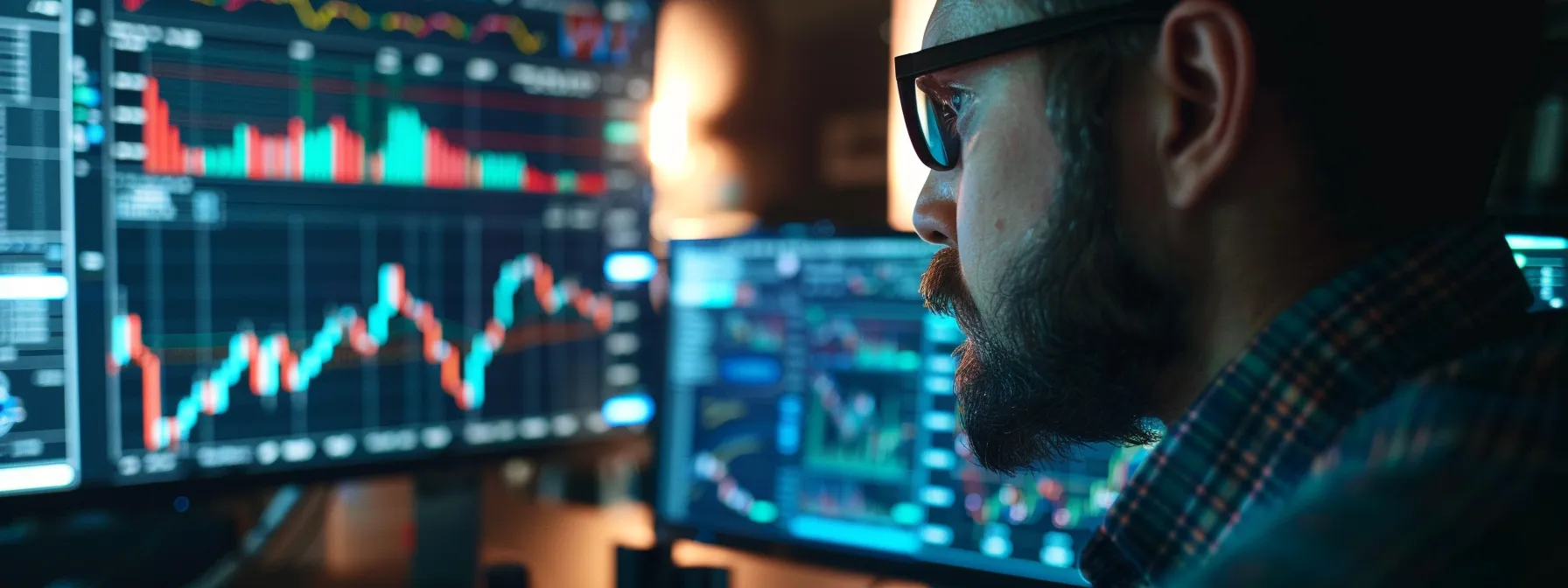 a person carefully analyzing a computer screen with financial information displayed.