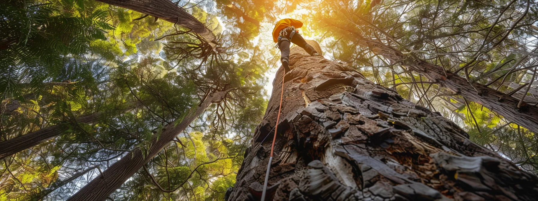 an arborist climbing a tall tree in a hard-to-reach area.