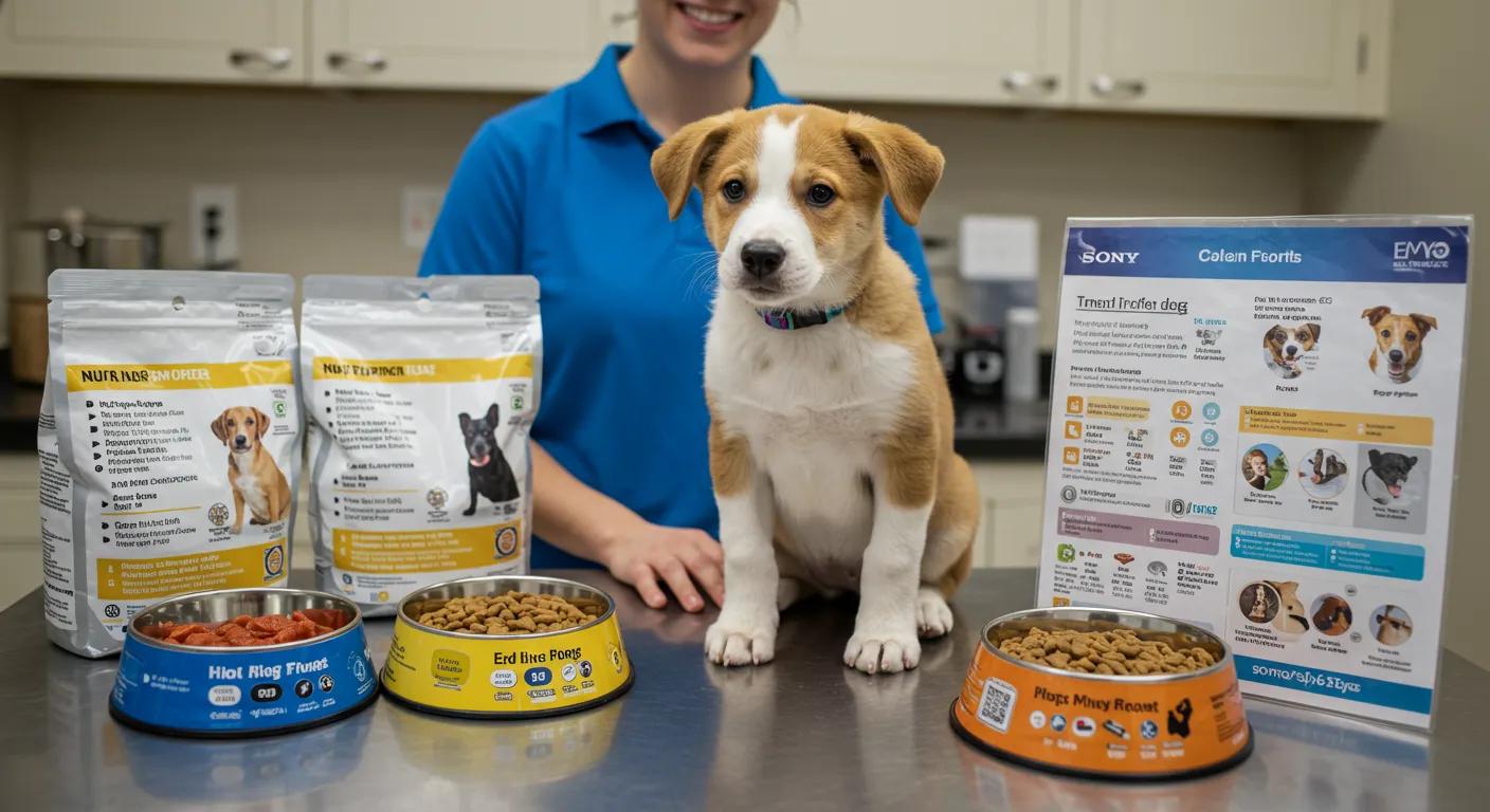 a well-organized veterinary clinic exam room features a vibrant, attentive puppy sitting on a clean surface, surrounded by bowls of grain-free dog food and informative charts outlining feeding guidelines to ensure proper nutrition and growth. a well-organized veterinary clinic exam room features a vibrant, attentive puppy sitting on a clean surface, surrounded by bowls of grain-free dog food and informative charts outlining feeding guidelines to ensure proper nutrition and growth.