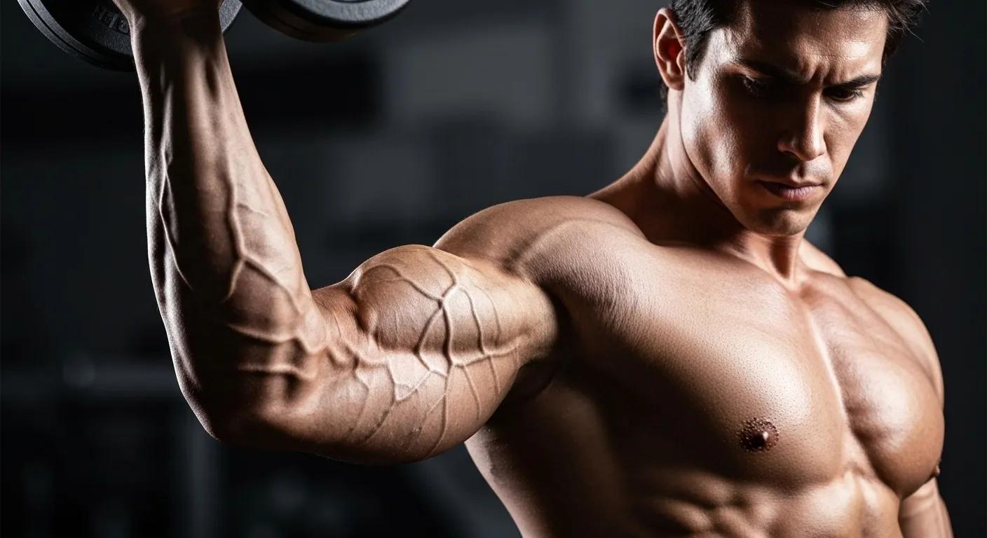 Close-up of a muscular arm lifting a dumbbell, representing muscle growth benefits of MK-677