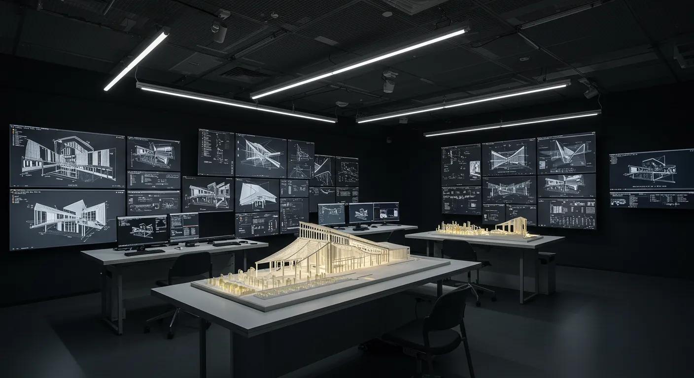 a sleek, modern architecture studio filled with digital screens displaying intricate 3d models, illuminated by precise, adjustable led lights, highlighting the balance of aesthetics, functionality, and structural integrity in architectural design.