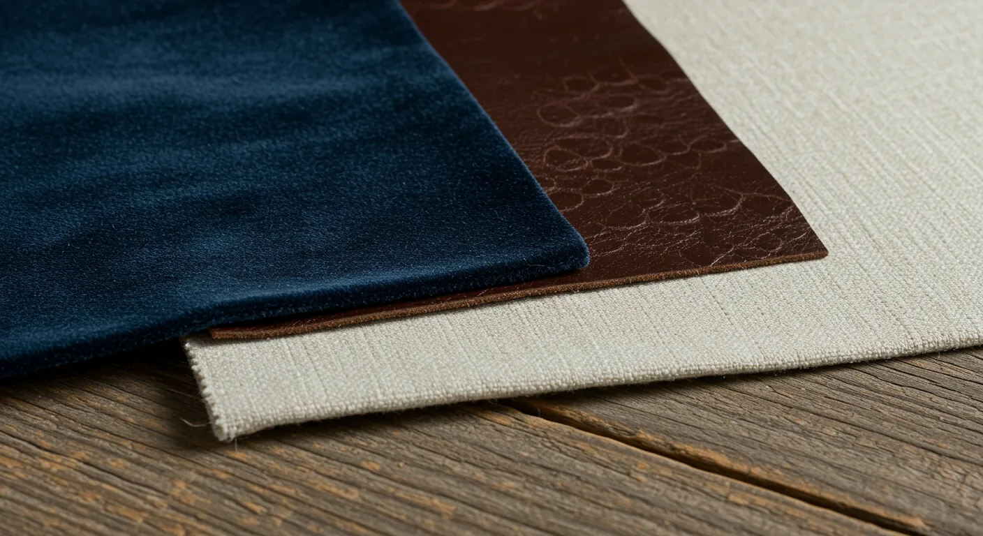 Assorted sofa fabric swatches displayed on a wooden table surface.