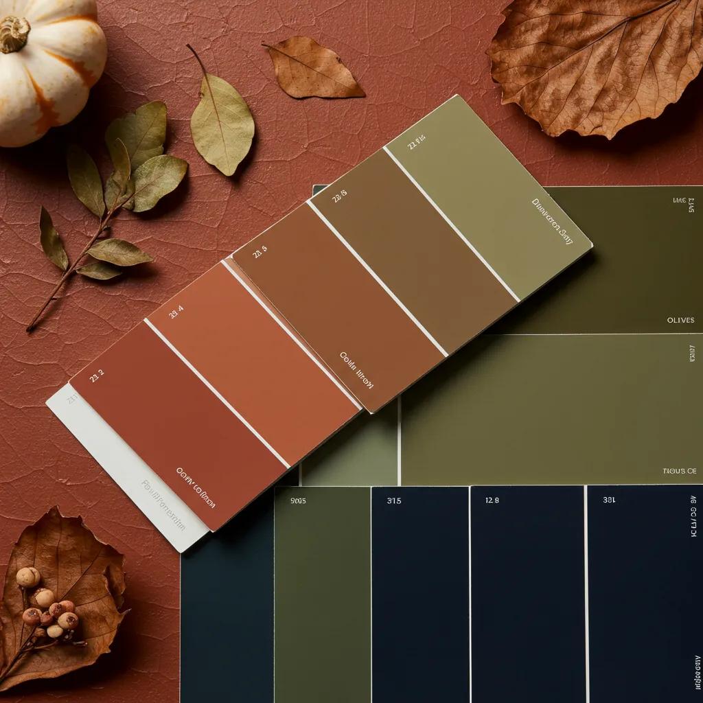 Display of fall color palettes for interior painting, featuring earthy tones and rich accents Display of fall color palettes for interior painting, featuring earthy tones and rich accents
