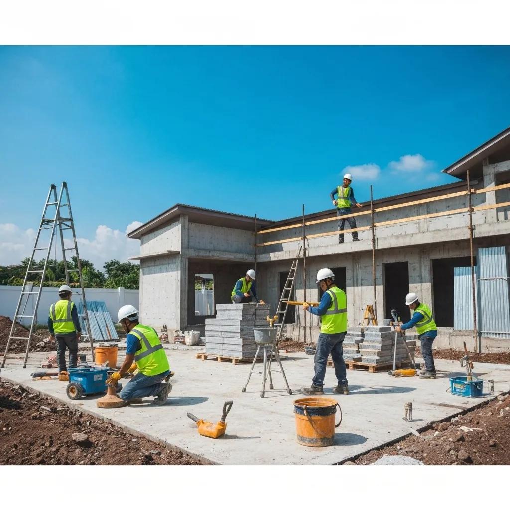 A dedicated construction team collaborating on a modern renovation project in Malaysia