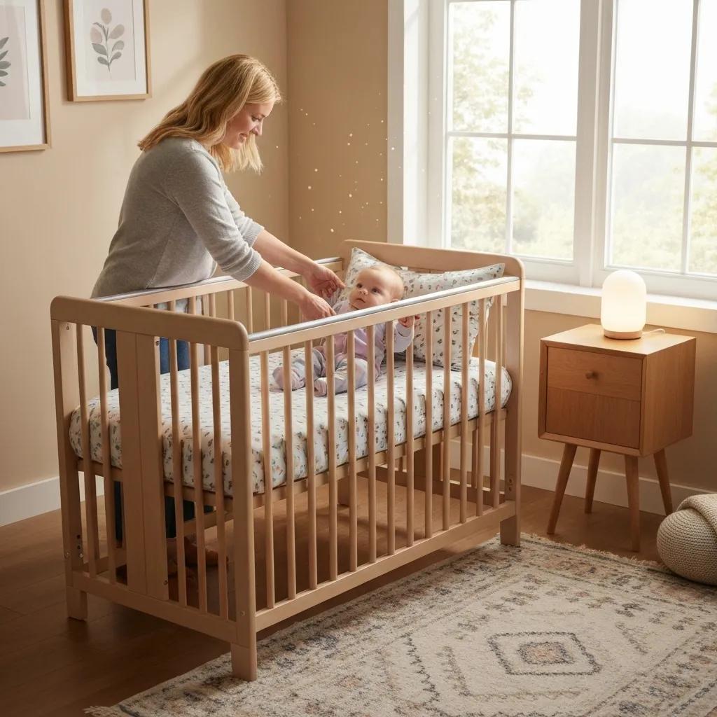 Parent transitioning baby from Moses basket to cot, showcasing a nurturing environment