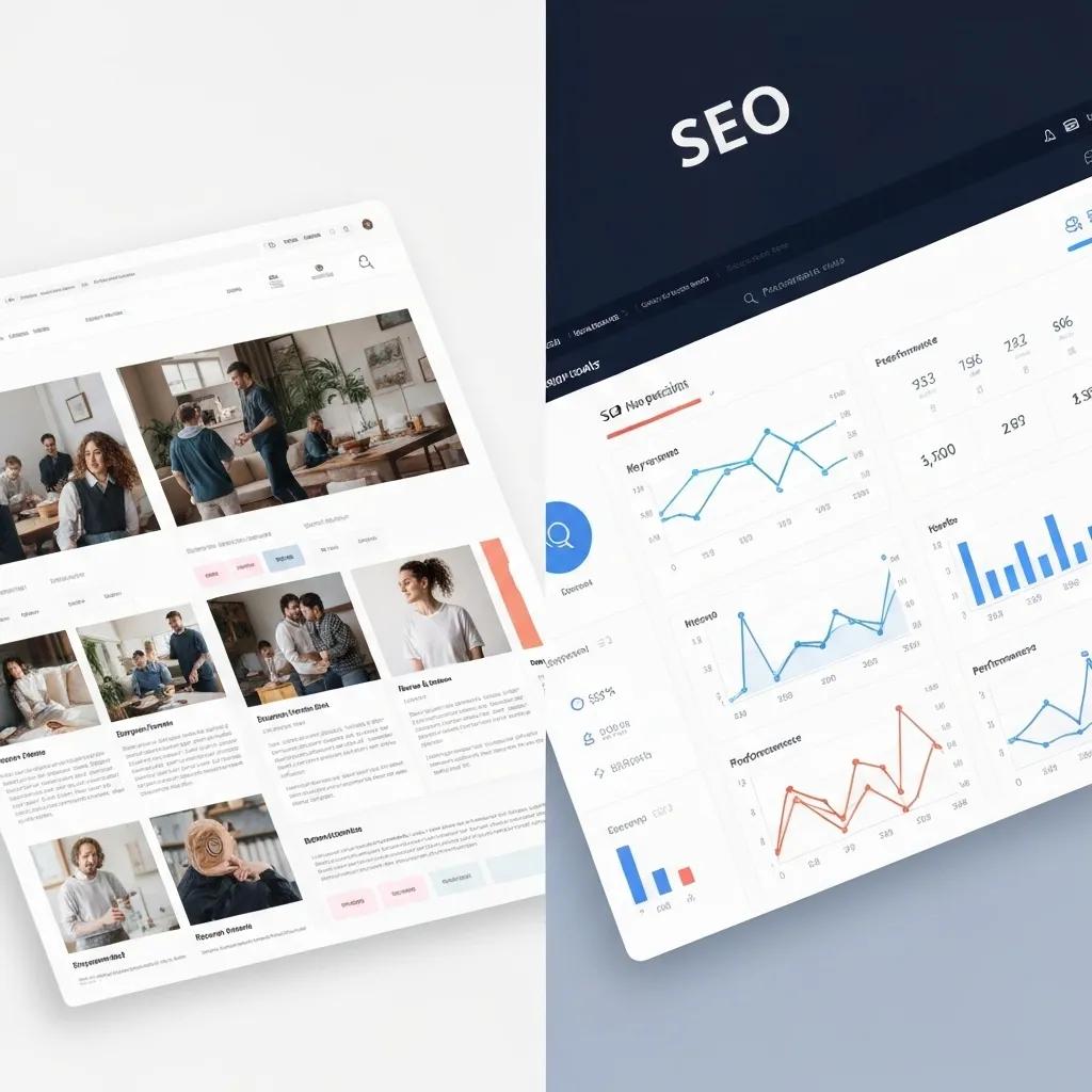Web design interface showcasing responsive layouts and SEO analytics dashboard, illustrating integration of design and SEO for enhanced online visibility.