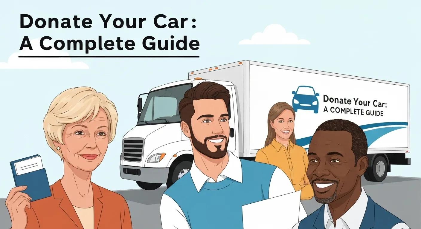 Illustration of diverse individuals discussing car donation, holding documents and smiling, with a truck in the background labeled "Donate Your Car: A Complete Guide."