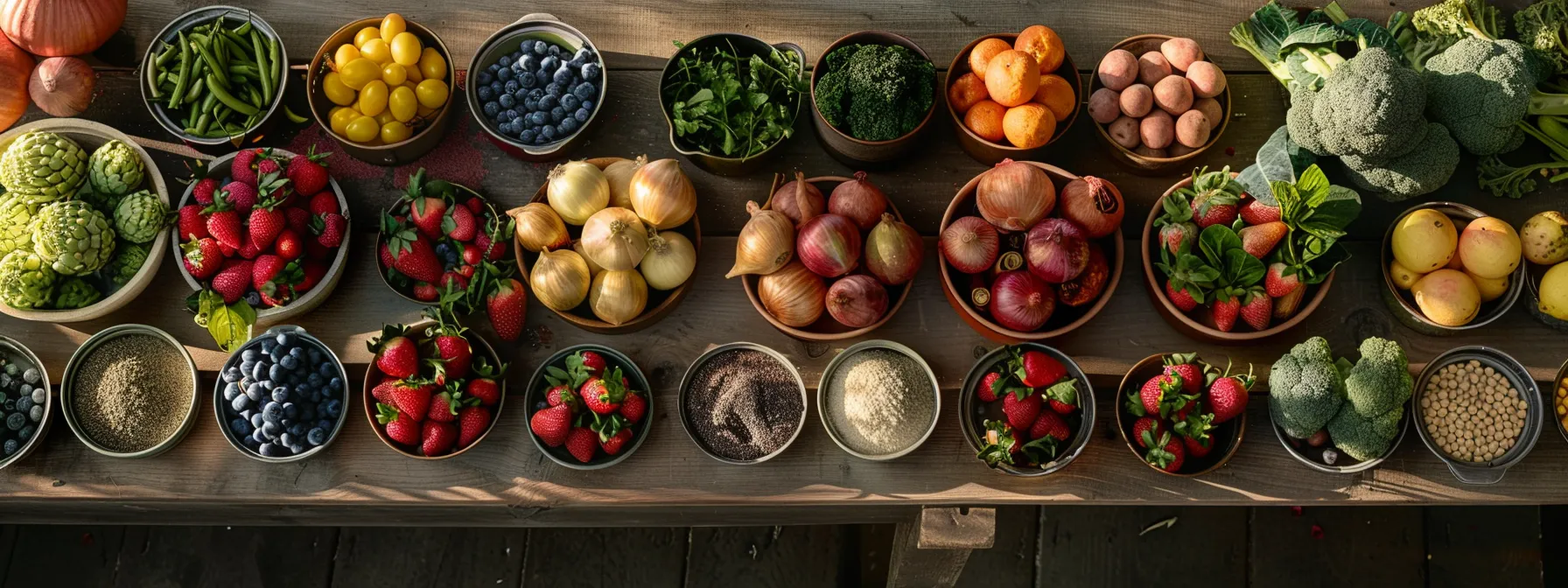 a colorful array of whole foods displayed on a rustic wooden table, highlighting the vibrancy and simplicity of nourishing ingredients.