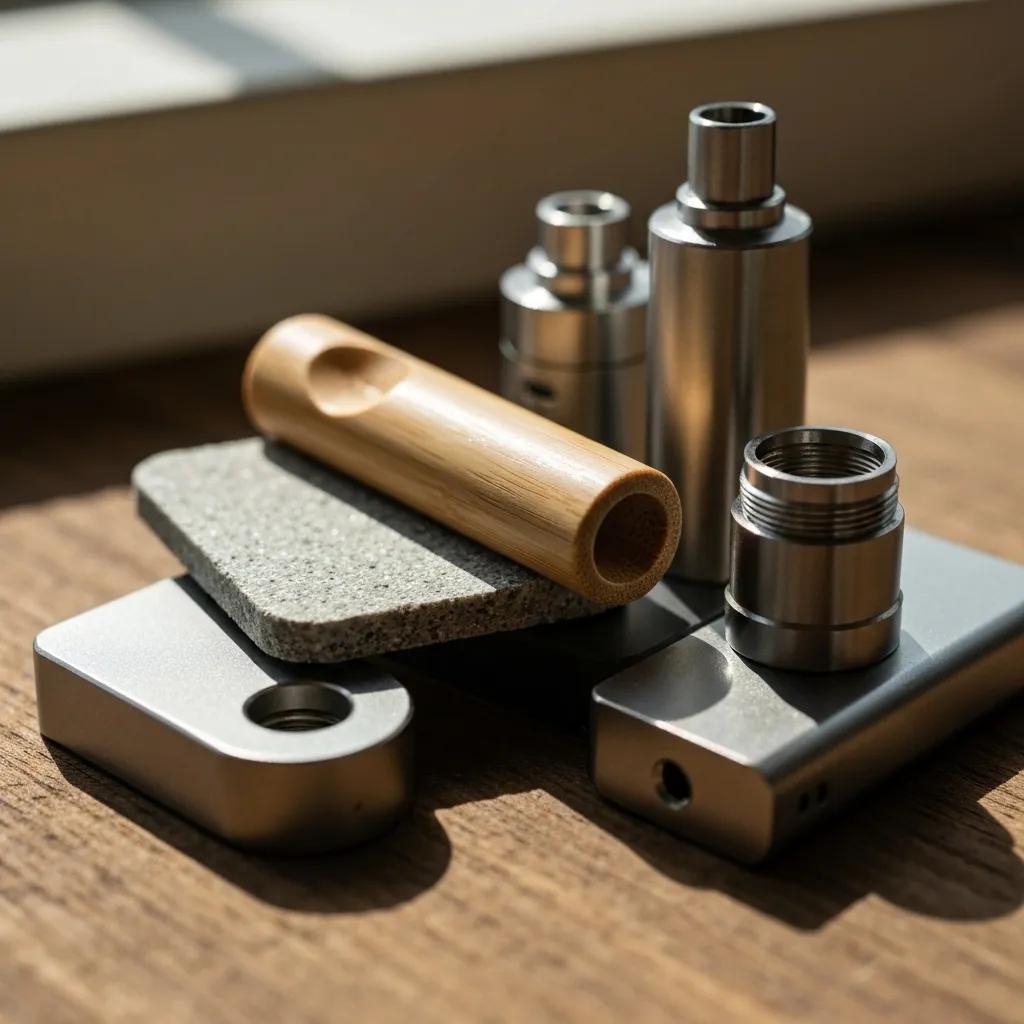 Close-up of sustainable materials used in Nuud Vape devices, showcasing recycled plastics and bamboo