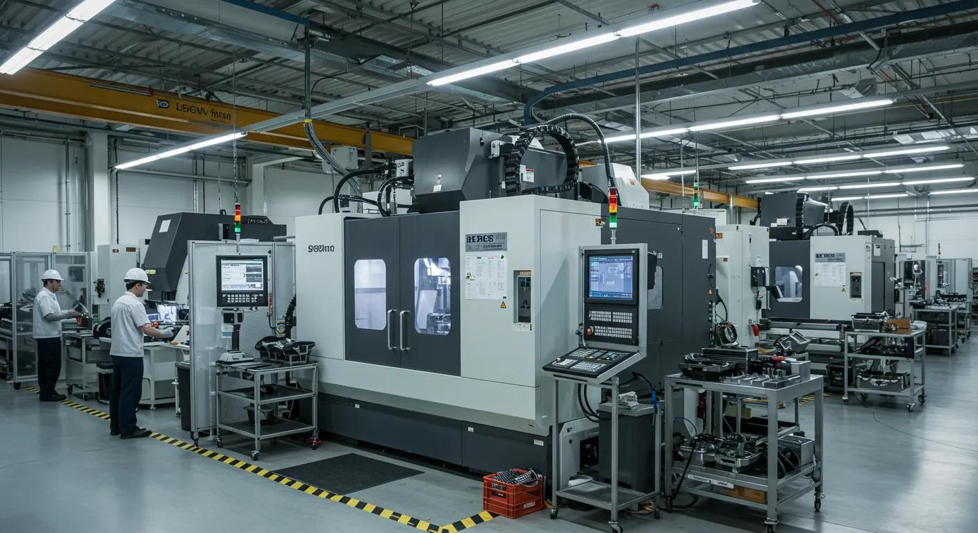 a sleek, high-tech cnc machining facility bustling with operators and advanced machinery, showcasing efficient production lines, precision tools, and digital displays, all illuminated by bright, focused artificial lighting that emphasizes the modernity and innovation of the workspace.