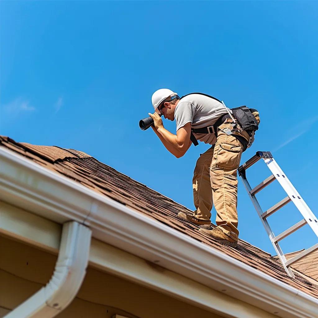 Professional inspecting a residential roof with binoculars and a ladder, highlighting the importance of roof inspections Professional inspecting a residential roof with binoculars and a ladder, highlighting the importance of roof inspections