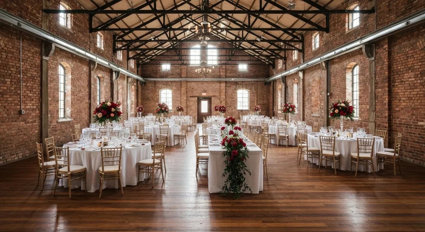 The interior of the Euroa Butter Factory, elegantly set up for a wedding reception with stylish decor.