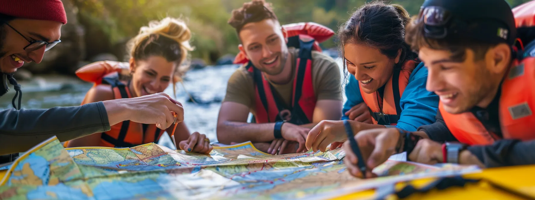 a group of excited friends gather around a table with maps and gear, planning their white water rafting trip.