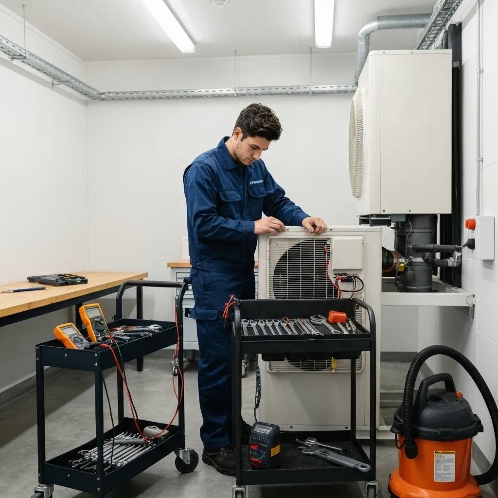 A qualified technician carefully servicing a heat pump unit in a clean, well-lit utility room, highlighting professional upkeep