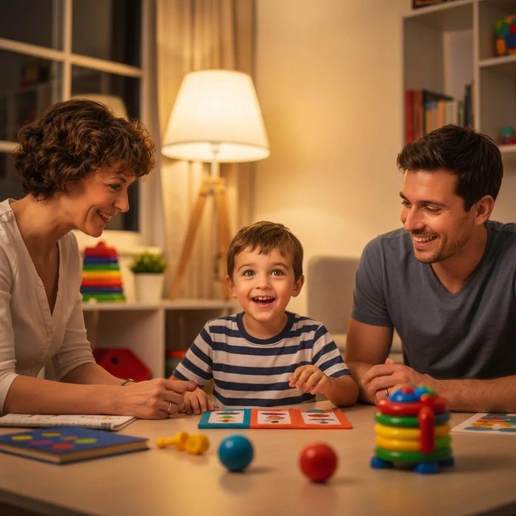 Family engaging in ABA therapy at home, showcasing parent-child interaction and supportive learning environment