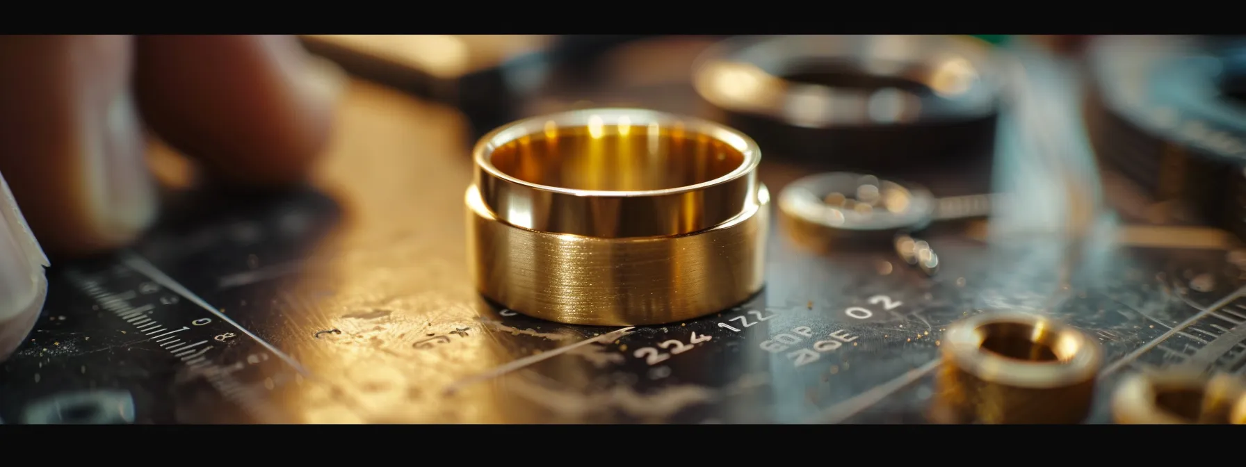 a gleaming gold wedding band being carefully measured with a sleek metal ring sizer.