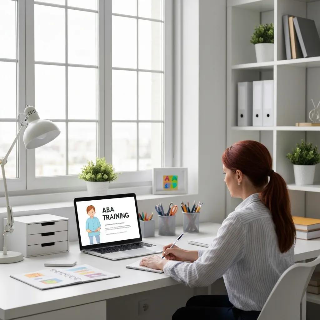 A parent actively participating in an online ABA training program on a laptop in a modern home office setting.