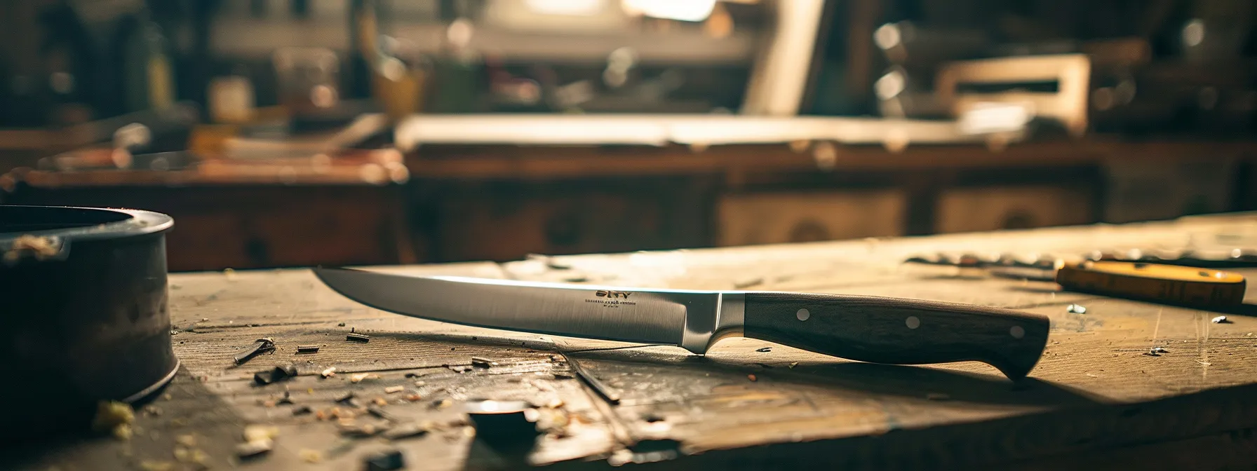 a gleaming knife resting on a clean, organized workbench, ready for sharpening.