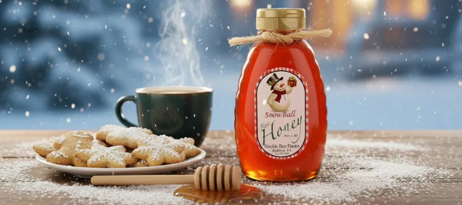 Snowball honey on a wooden table with snow