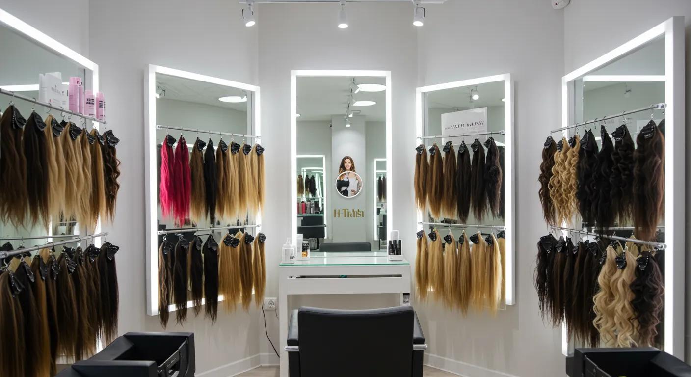 a sleek, modern beauty salon interior showcases a vibrant array of clip-in hair extensions displayed neatly on elegant stands, highlighting the luxurious textures of both premium human hair and synthetic options under soft, focused lighting.