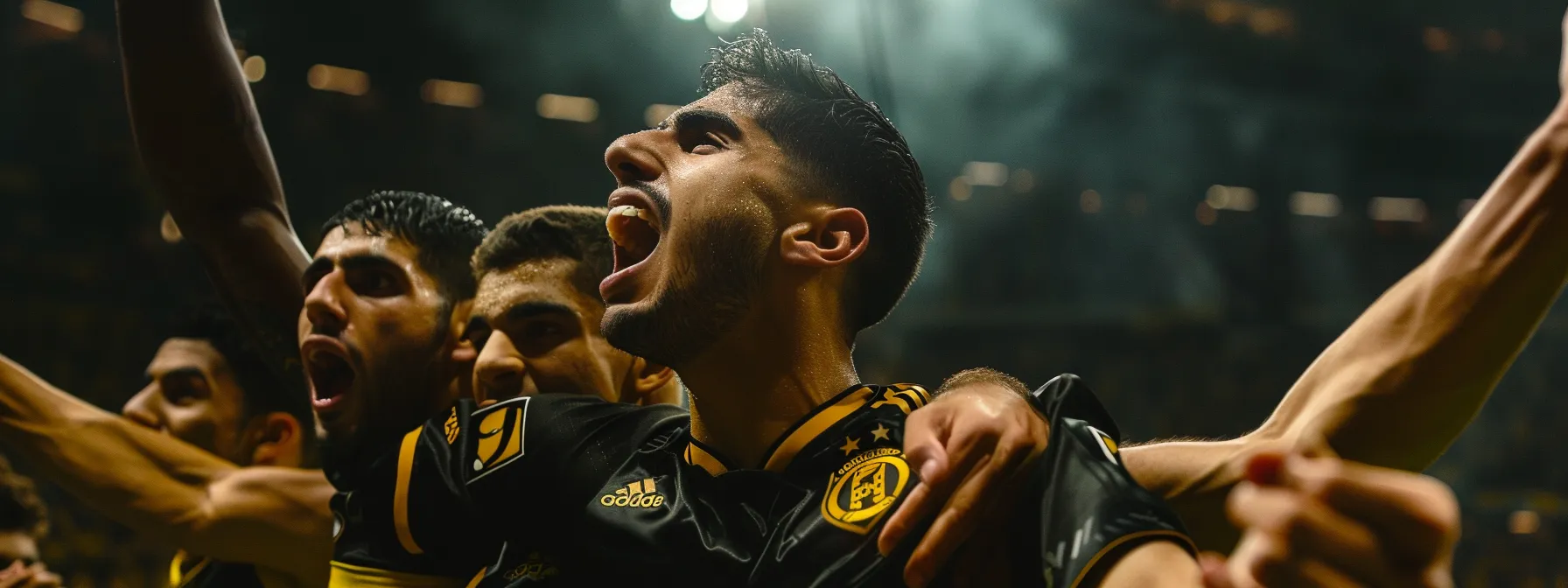 achraf hakimi celebrating a goal with his teammates during a crucial match.