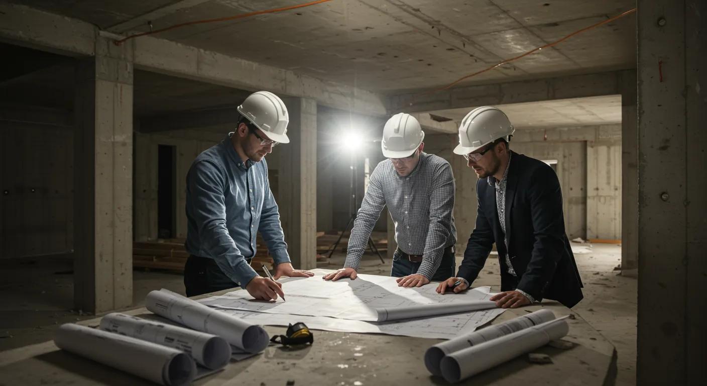 a modern construction site bustling with activity, featuring architects and engineers reviewing detailed blueprints under the bright glow of overhead lights, emphasizes the critical importance of adhering to home building safety codes to prevent hazards and ensure structural integrity. a modern construction site bustling with activity, featuring architects and engineers reviewing detailed blueprints under the bright glow of overhead lights, emphasizes the critical importance of adhering to home building safety codes to prevent hazards and ensure structural integrity.