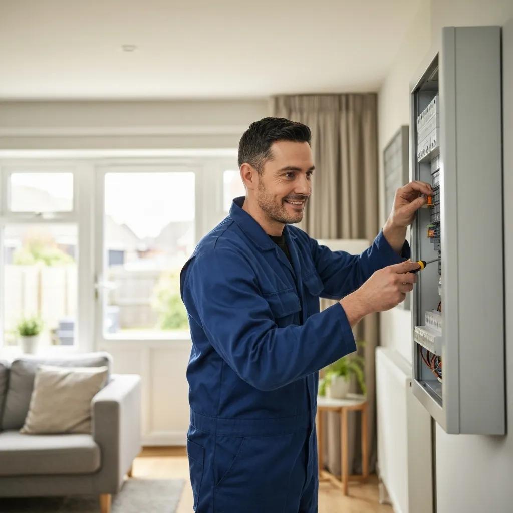 An electrician in Birmingham carefully examining an electrical system within a home.