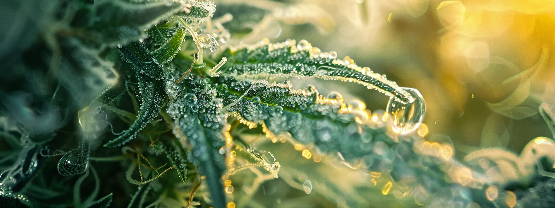 close-up of crystal-like structures on the surface of a cannabis plant.