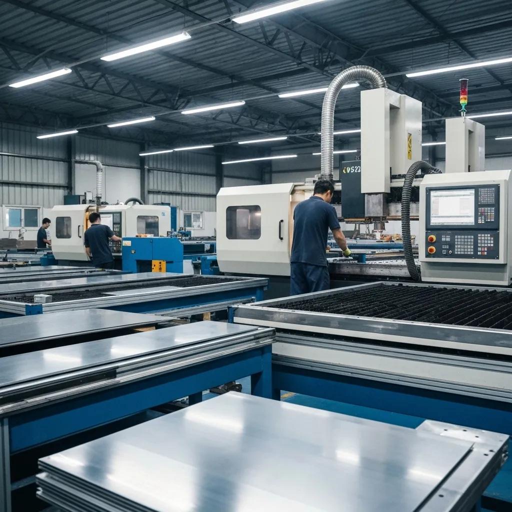 Modern sheet metal fabrication workshop with advanced machinery and skilled workers