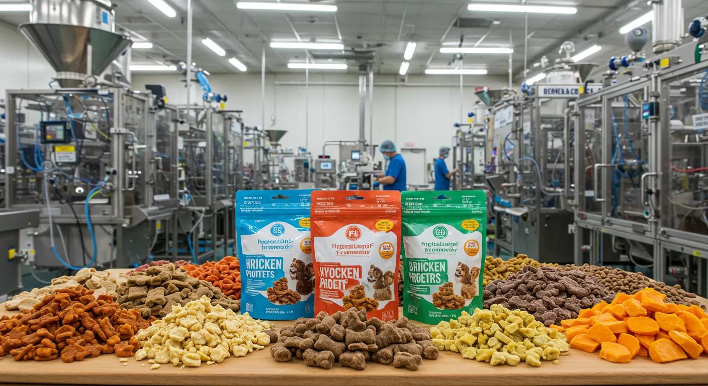 a modern, well-lit pet food manufacturing facility showcases a vibrant display of hypoallergenic dog treats, artfully arranged in sleek packaging, highlighting their nutritious ingredients like chicken protein and sweet potatoes against a background of bustling activity and quality control processes. a modern, well-lit pet food manufacturing facility showcases a vibrant display of hypoallergenic dog treats, artfully arranged in sleek packaging, highlighting their nutritious ingredients like chicken protein and sweet potatoes against a background of bustling activity and quality control processes.