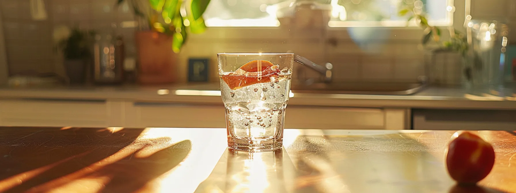 a person enjoying a refreshing glass of water in a sunny kitchen, feeling satisfied and content.