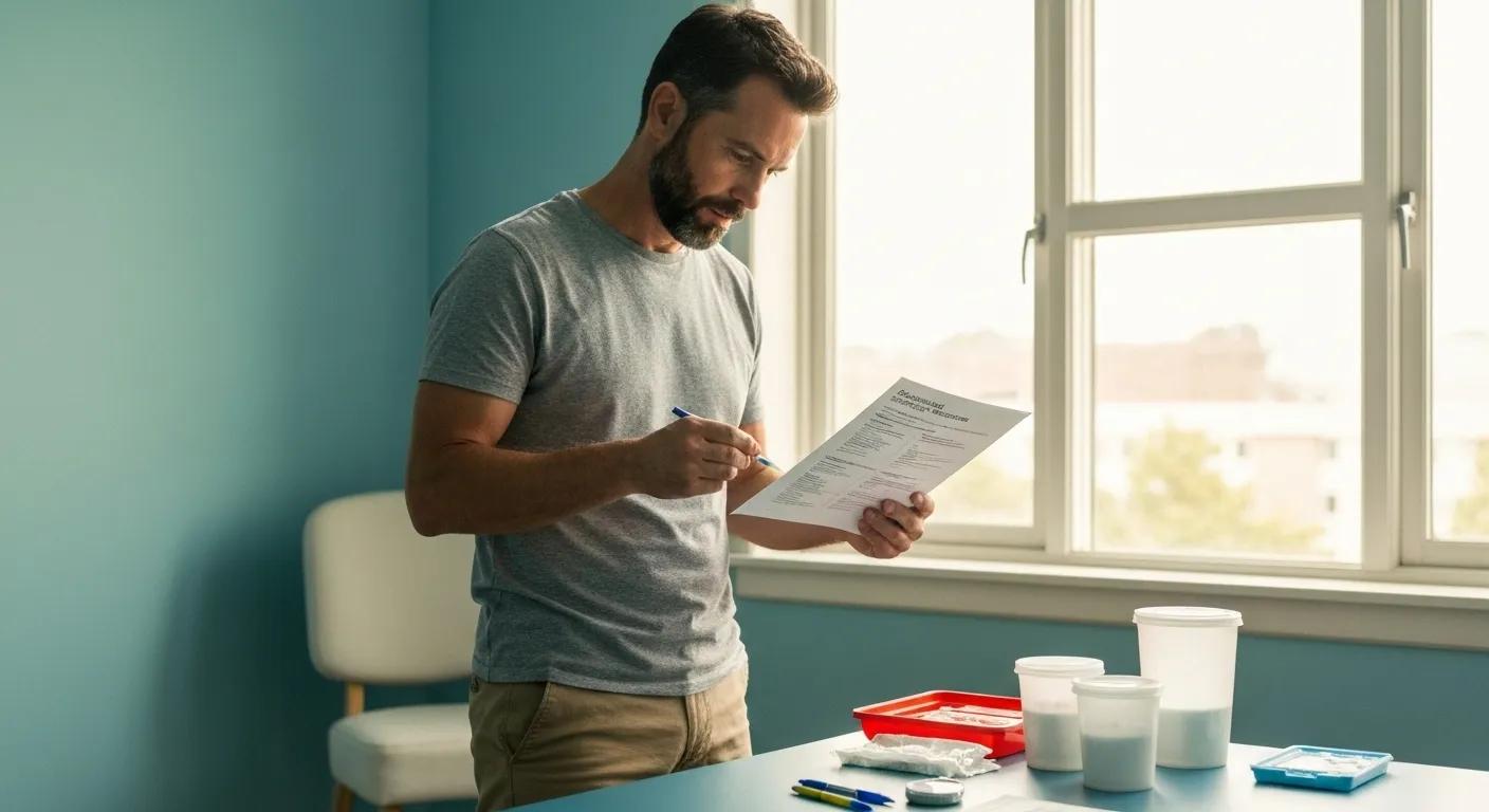 Male preparing for semen analysis test with guide and notes