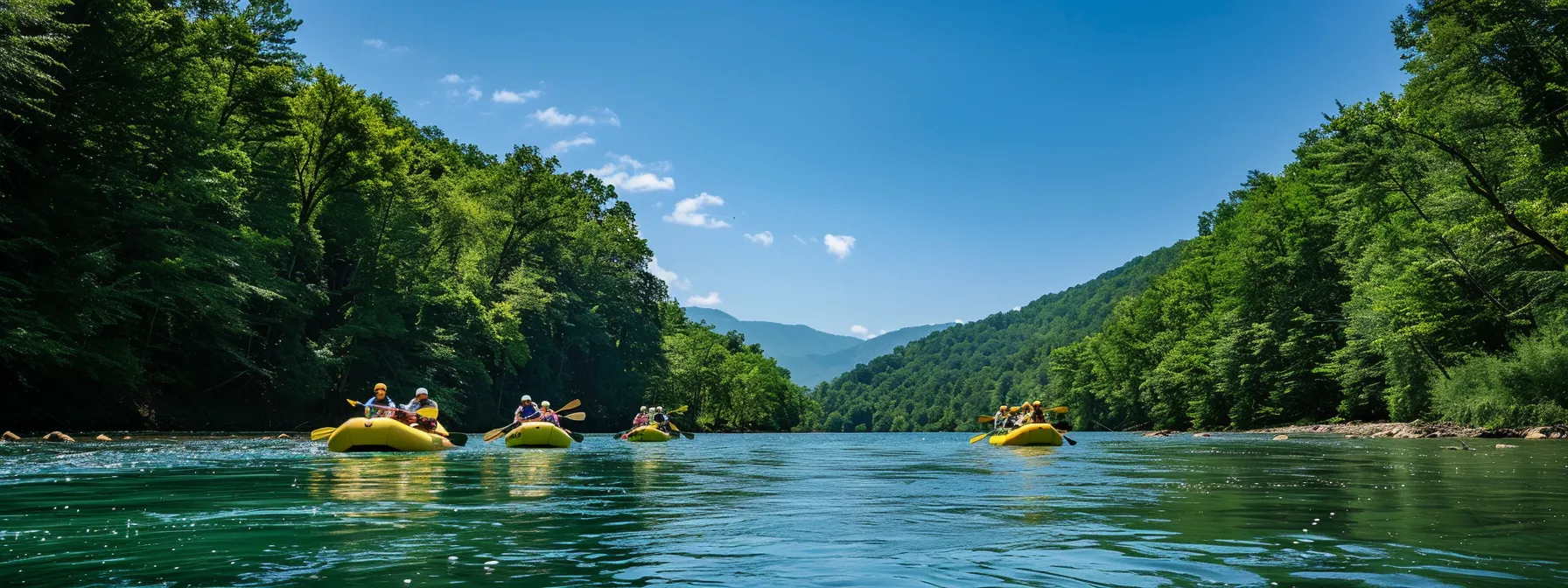 a group of excited rafters navigating calm waters on a beginner tour in tennessee, with clear blue skies and lush green surroundings.