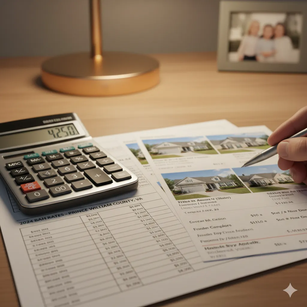 Professional financial planning scene showing a calculator, BAH rate sheet, and home listing printouts on a desk Professional financial planning scene showing a calculator, BAH rate sheet, and home listing printouts on a desk