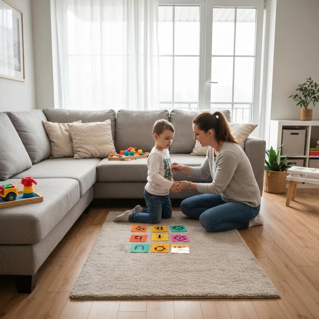 A parent patiently guiding a child through a learning activity using discrete trial training in a comfortable living room setting, illustrating key ABA techniques.