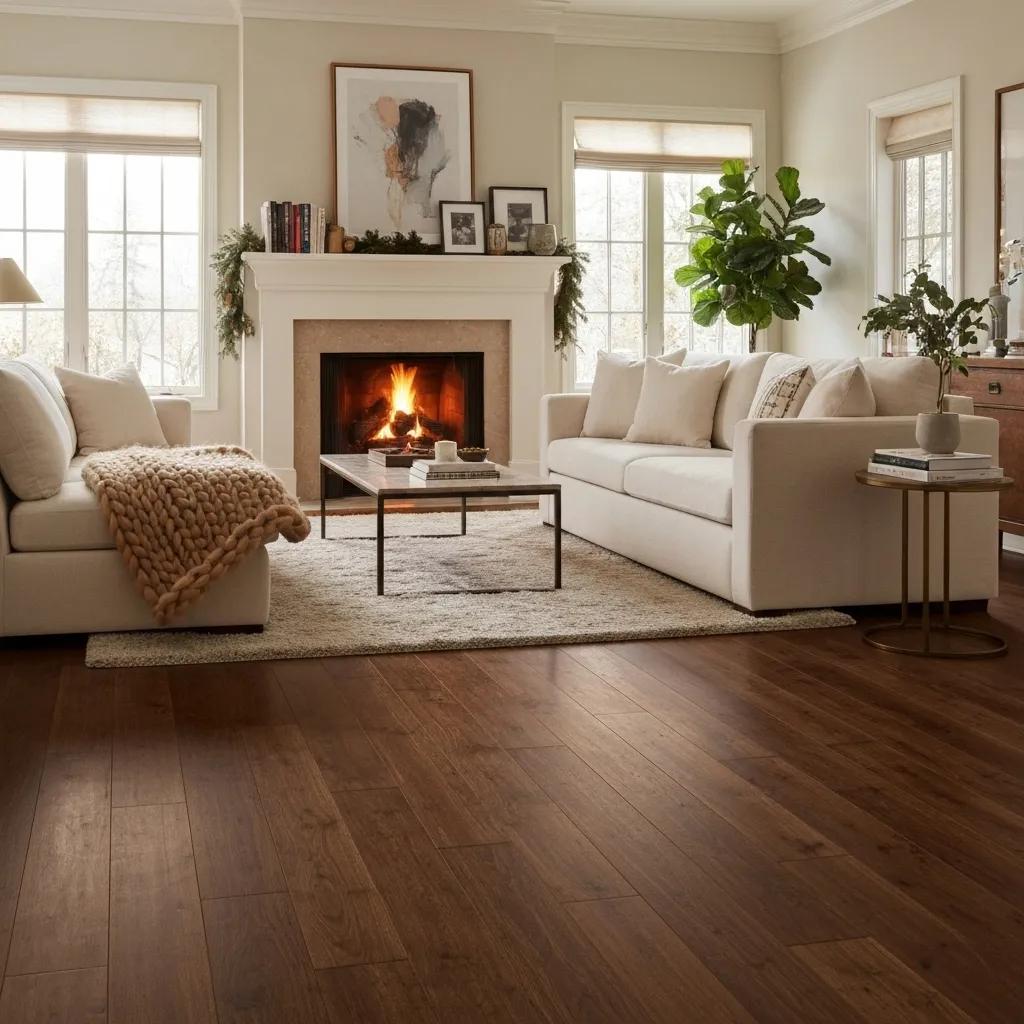 Engineered wood flooring in a cosy living room setting with natural light