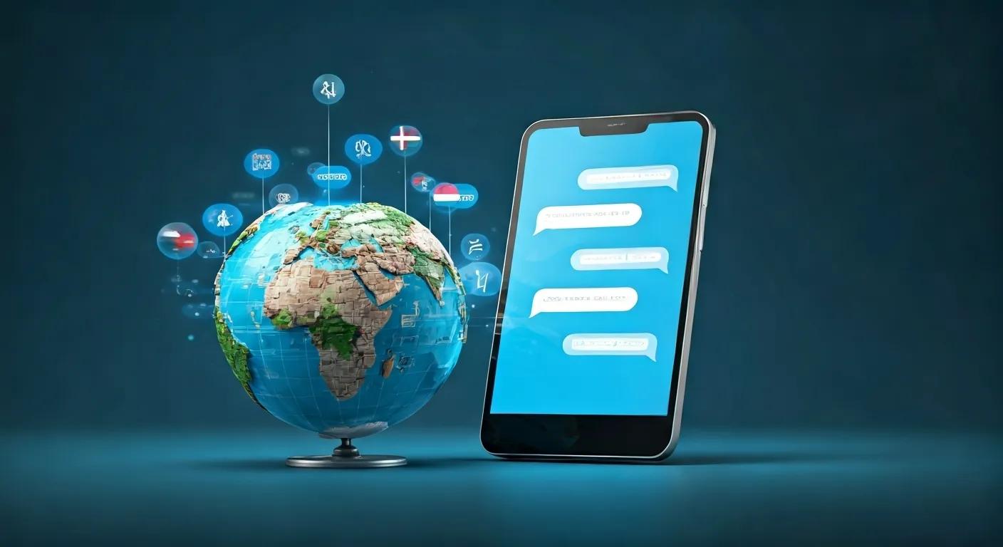 Visual representation of multilingual support in AI chat agents with global language symbols