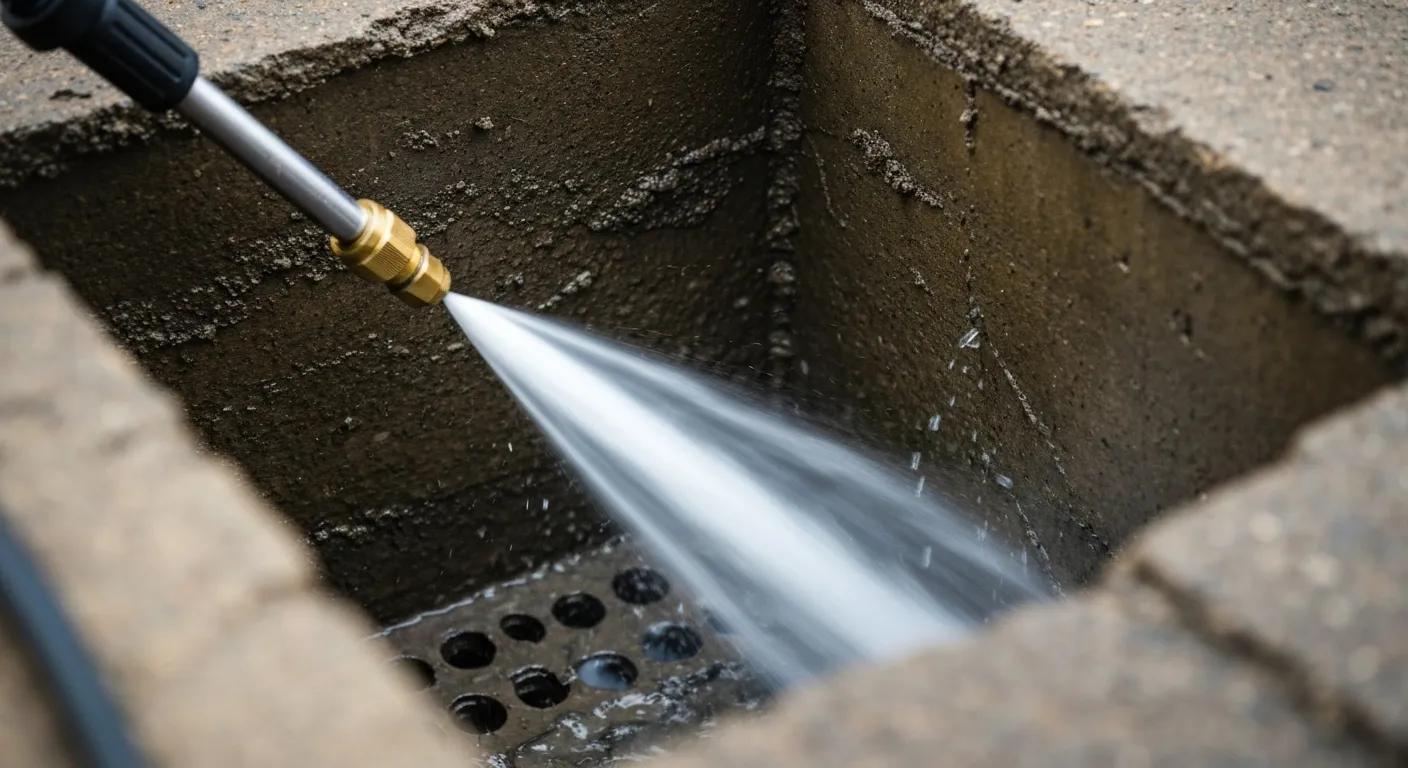 High-pressure water jetting clearing a blocked drain