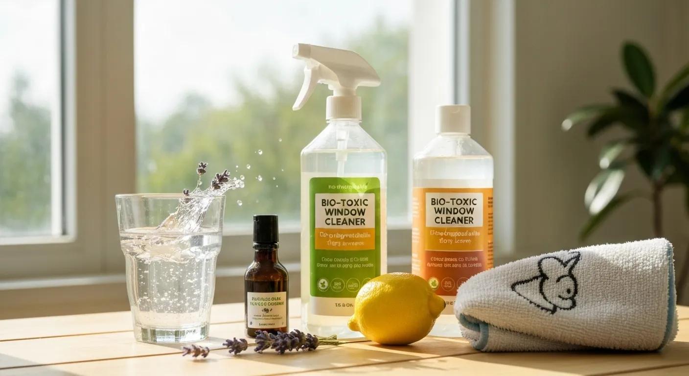 A selection of non-toxic cleaning products used in eco-friendly window cleaning, highlighting their natural ingredients A selection of non-toxic cleaning products used in eco-friendly window cleaning, highlighting their natural ingredients