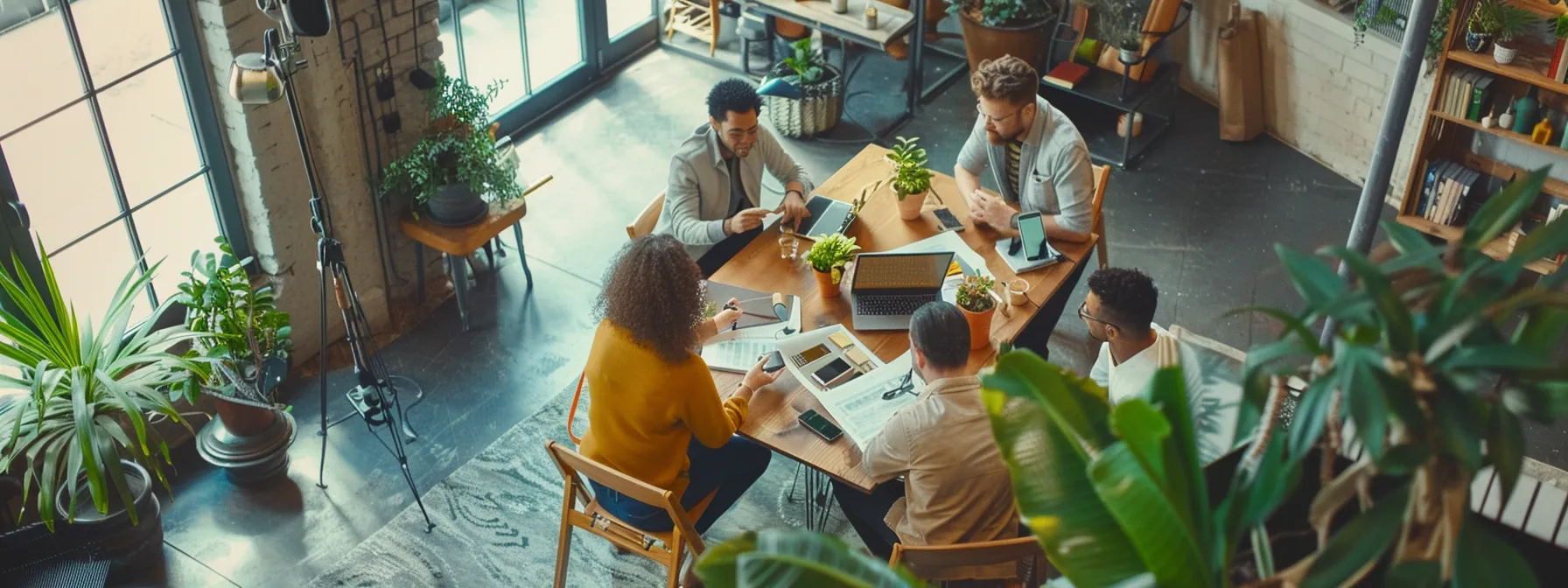 a group of people discussing marketing strategies in a small, local business office.