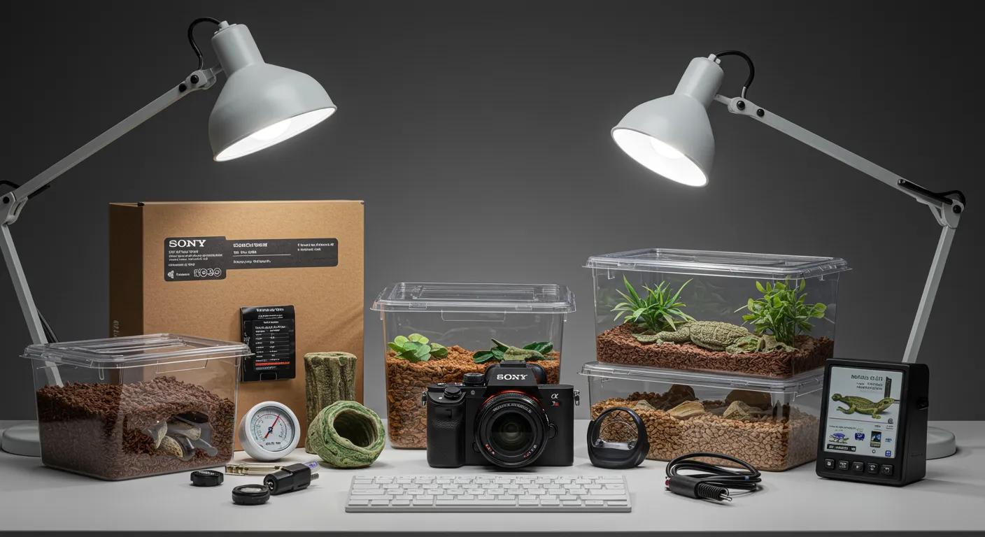 a well-arranged reptile habitat kit displayed on a sleek modern office desk, featuring an array of essential items like temperature gauges, substrates, and decorative elements, all vividly highlighted under bright, focused lighting to emphasize the importance of selecting the right kit for pet reptiles. a well-arranged reptile habitat kit displayed on a sleek modern office desk, featuring an array of essential items like temperature gauges, substrates, and decorative elements, all vividly highlighted under bright, focused lighting to emphasize the importance of selecting the right kit for pet reptiles.
